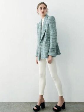 Zara Tweed Textured Double Breasted Blazer ! Size S Blue/Green